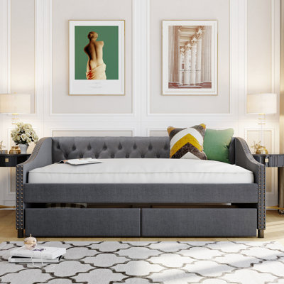 Gray Upholstered Daybed With Two Drawers, Robust Base Construction Solid Wood Structural Support