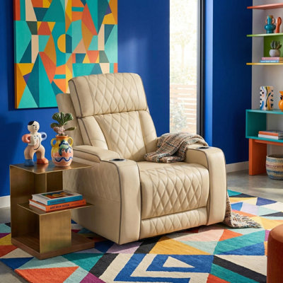 Madison Beige Vegan Leather  Reclining  Chair With Cup-Holders And LED Lights