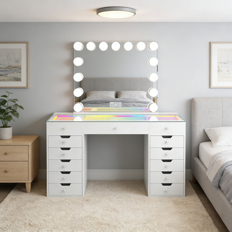 Ensemble de meuble-lavabo avec miroir à DEL et plateau en verre HD avec bandes lumineuses à DEL RVB intégrées 13 grands tiroirs