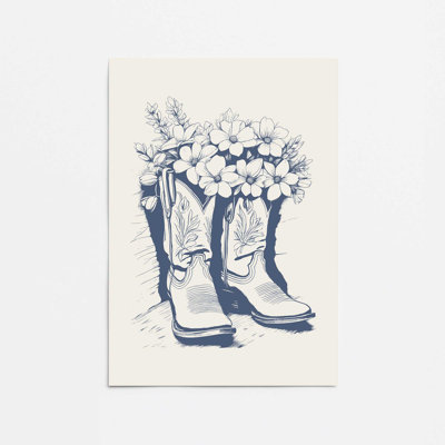 Navy Cowboy Boots in Bloom Rolled Print