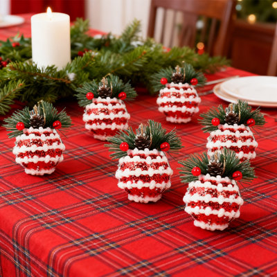 6 pièces de boules de Noël écossaises, 3,15 pouces de guingan avec des pommes de pin et des feuilles vertes, décoration de Noël, boules suspendues avec arbre de Noël, style B