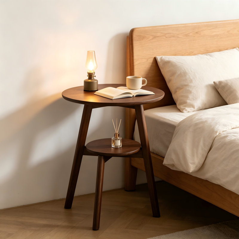 100% Solid Wood Round 2-Tier Storage End Table, Multi-Purpose Sofa Side Table