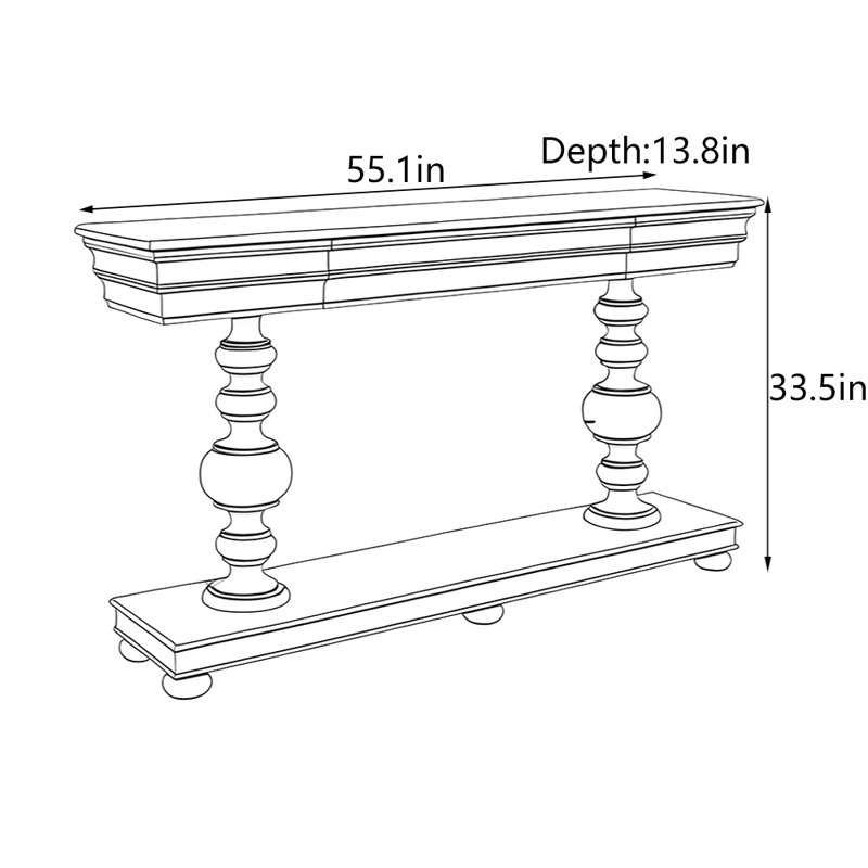 Console en bois massif American Country, Blanc antique, H 33,5 po x l 55,1 po x P 13,8 po