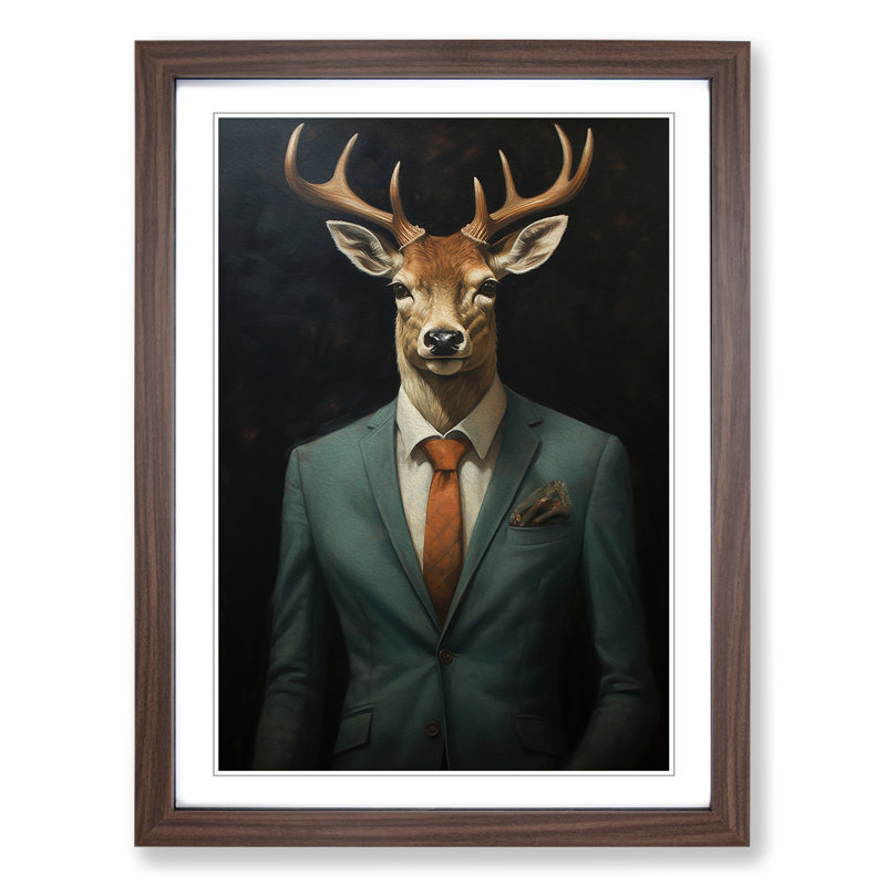 Deer In A Suit No.2 - Single Picture Frame Print on Wood, Walnut, 34cm H x 25cm W x 2cm D