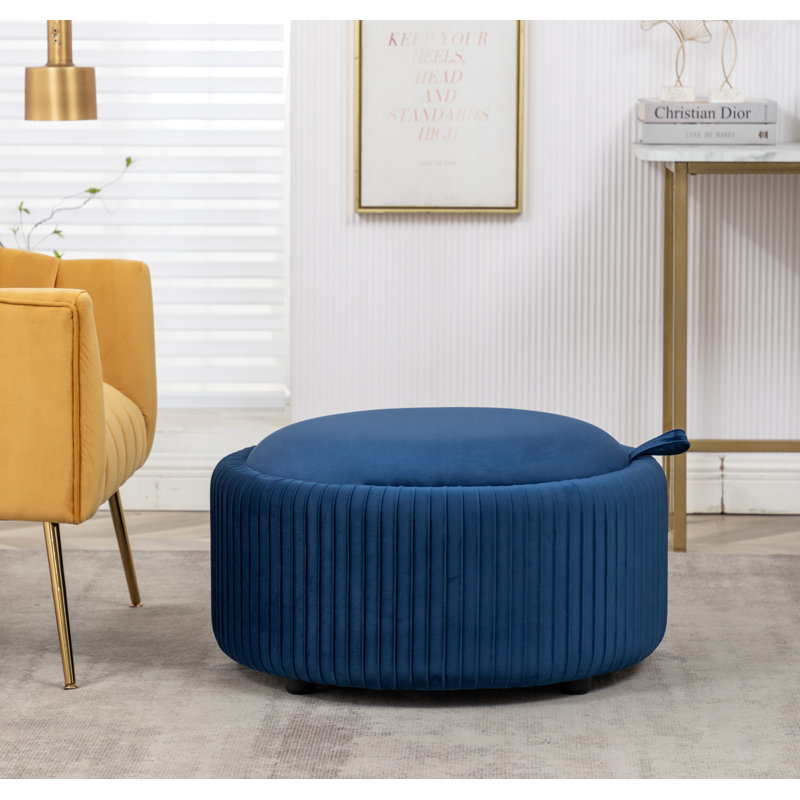 Savinien Upholstered Round Storage Ottoman, Blue Velvet 