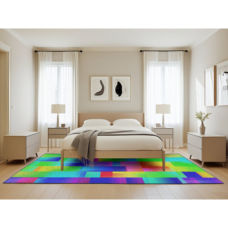 Tapis jaune/vert/rouge tissé à la machine, Rectangle de 5 pi x 8 pi