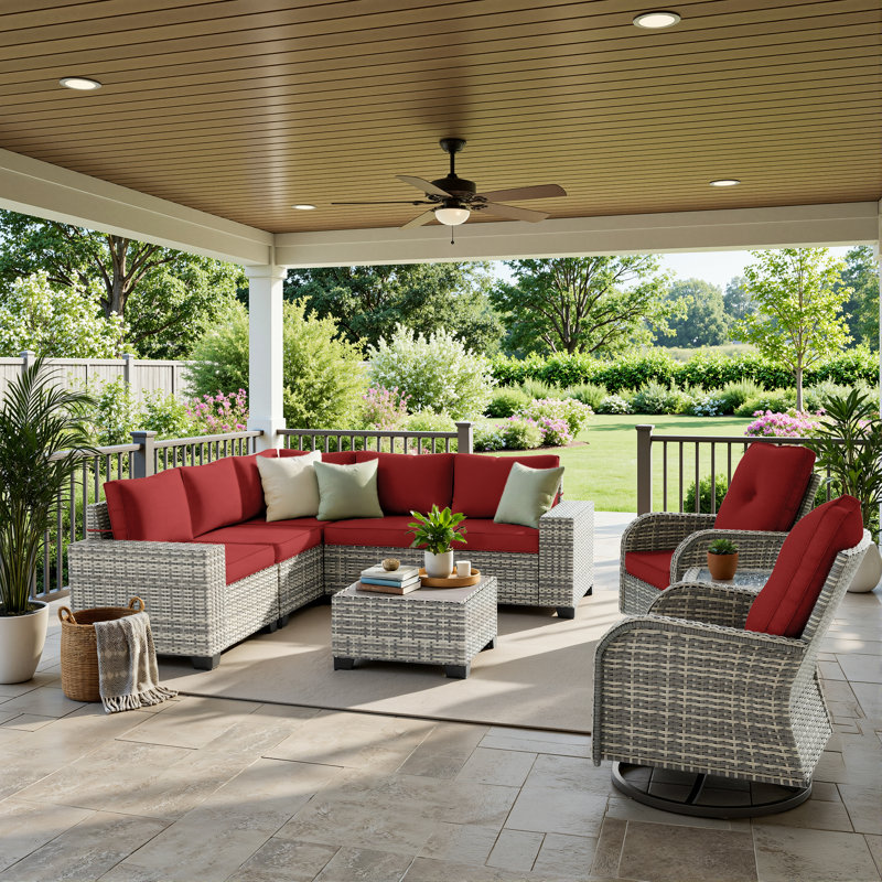 9-Piece Outdoor HDPE Wicker Patio Conversation Set With Wide Armrests, Sectional Sofa & Swivel Chairs, Red