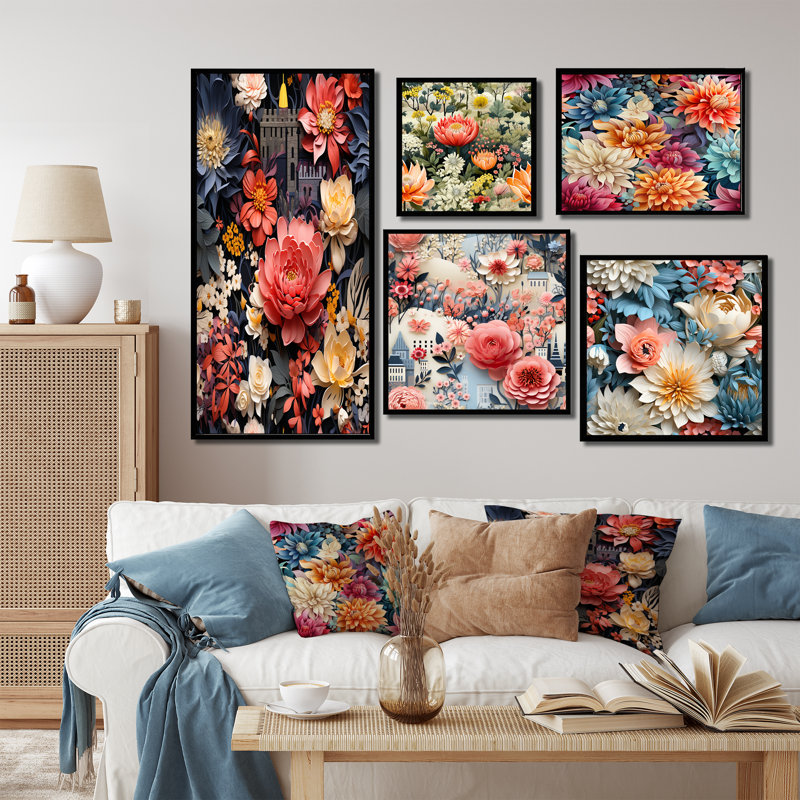 Freda - Ensemble de 5 impressions sur toile florales, Cadre flottant noir