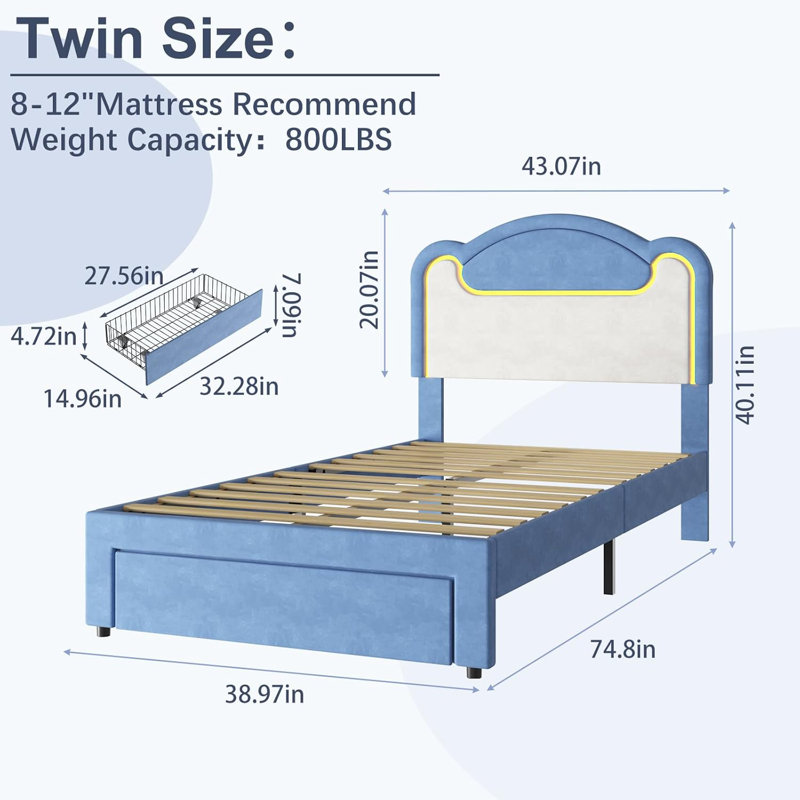 Structure de lit tapissier, tête de lit en tissu avec lumières DEL, support de barre transversale en bois, aucun sommier nécessaire