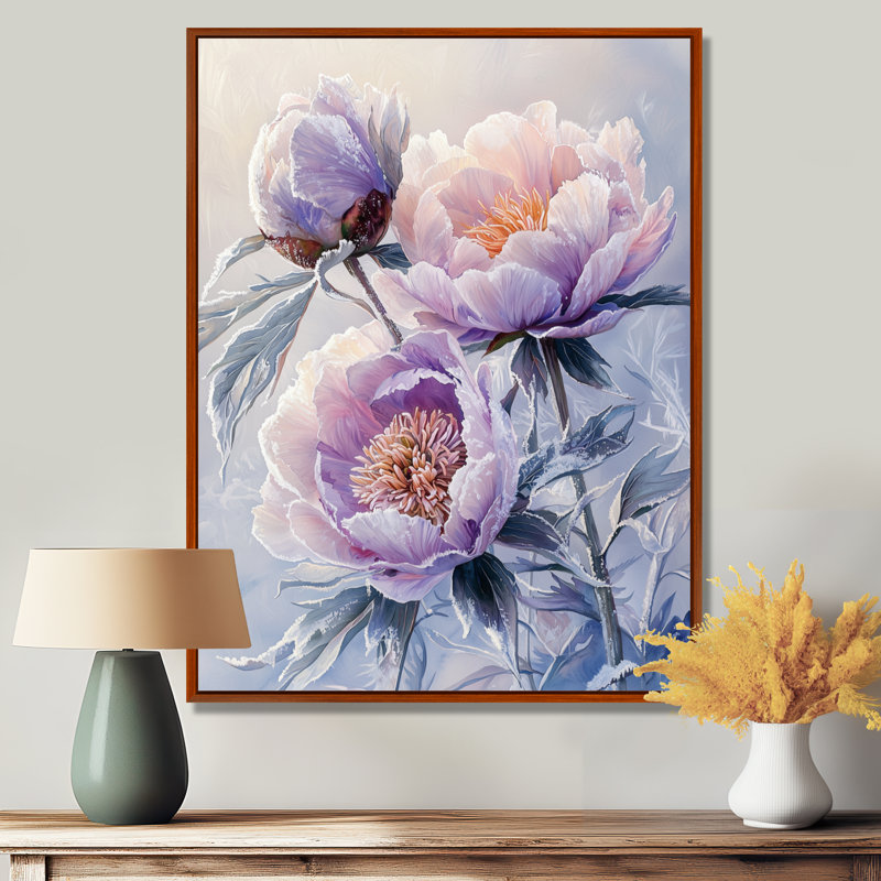 Lavande, hiver, pivoines, étreinte II - pivoines, art mural, H 20 po x l 12 po, Impression encadrée sans passe-partout, Brun