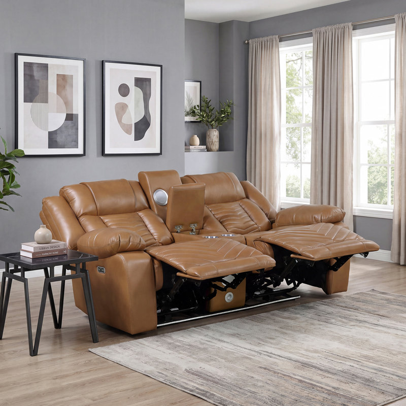 Causeuse inclinable électrique en similicuir de 78 po Marlow avec haut-parleurs sans fil, charge USB, éclairage DEL, porte-gobelets et rangement dissimulé.