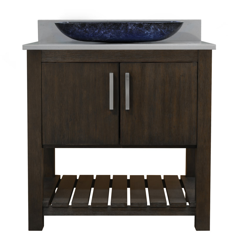 Meuble-lavabo simple de 36 po avec comptoir en quartz gris orage, vasque en verre peint et quincaillerie en nickel brossé