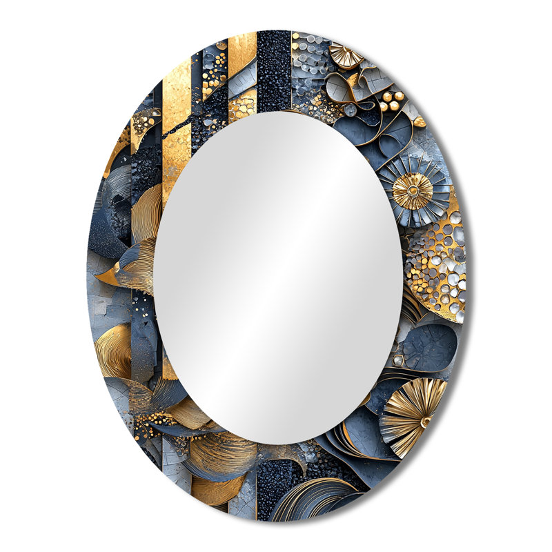 Carrelage abstrait bleu et gris IV - Miroir mural moderne ovale, 43 po x 33 po