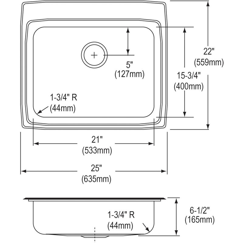 Évier de cuisine à montage sur plan L 25 po x l 22 po Lustertone, 6,5 po, 3 trous