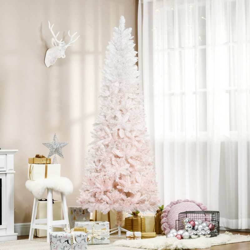 Grand sapin de Noël artificiel non éclairé avec branches réalistes et base en acier, rose et, 7'