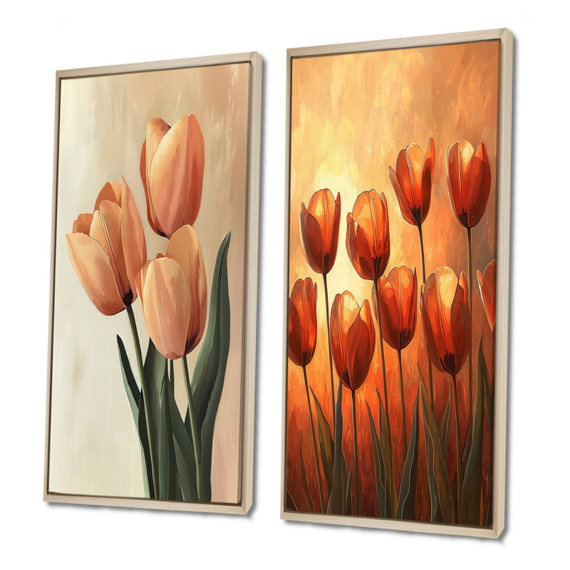 Tulipes brunes automne lueur I - Art mural floral 2 pièces, H 32 po x l 33 po, Cadre crème crème