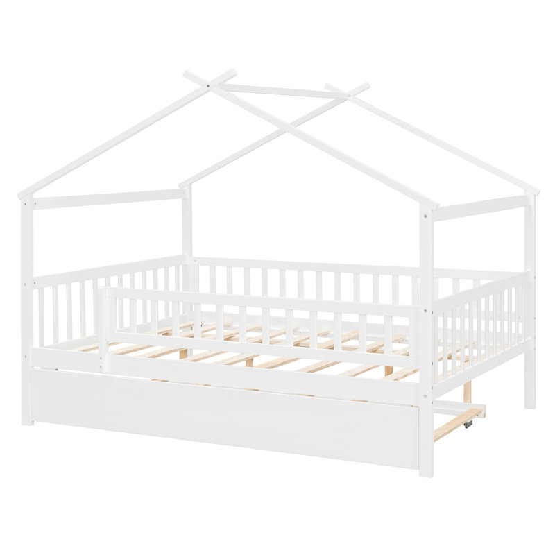 House Style Bed With Built In Trundle, Full, White
