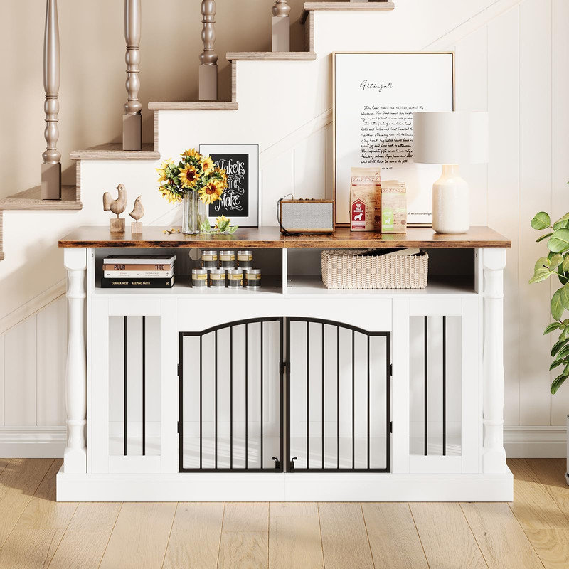 Caisse pour chien 63 pouces en bois avec colonnes romaines - portes doubles, diviseur, rangement pour meuble télé, Brun