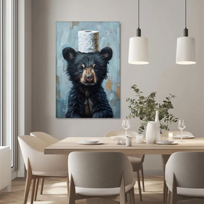 Canvas Wall Art - Black Bear Cub with Rolled Paper Hat, Realistic - 24" x 36" for Living Room & Nursery