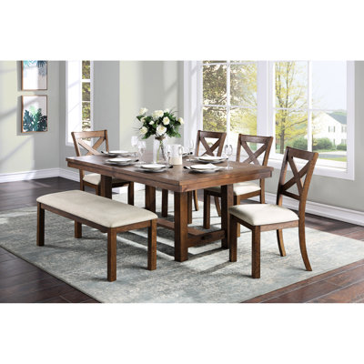 Transitional 6 - Piece Dining : Brown Rectangular Table, Beige Upholstered Bench And 4 Side Chairs, Engineered Wood With Finish Design