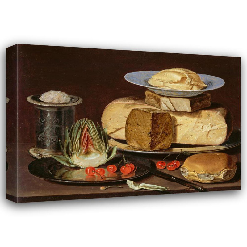 «Nature morte avec des fromages, des artichauts et des cerises» par Clara Peeters - Art mural sur toile tendue avec châssis