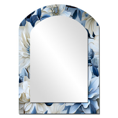 Motif botanique arctique bleu et blanc - miroir décoratif à arche florale, miroir mural asymétrique Cottage, impression d'art en métal