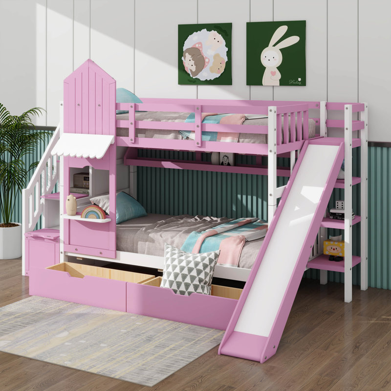 Lit superposé double de style château avec 2 tiroirs et 3 glissières, Rose