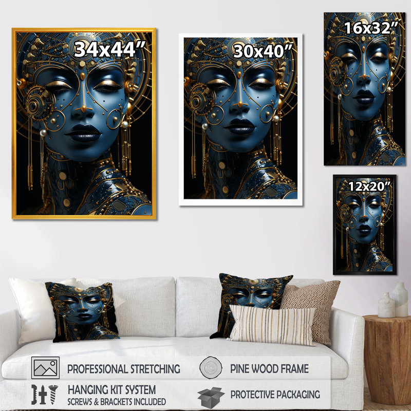 Femme dorée et bleue, déesse Portrait II - déesse, art mural, Cadre flottant doré, H 20 po x l 12 po x P 1 po