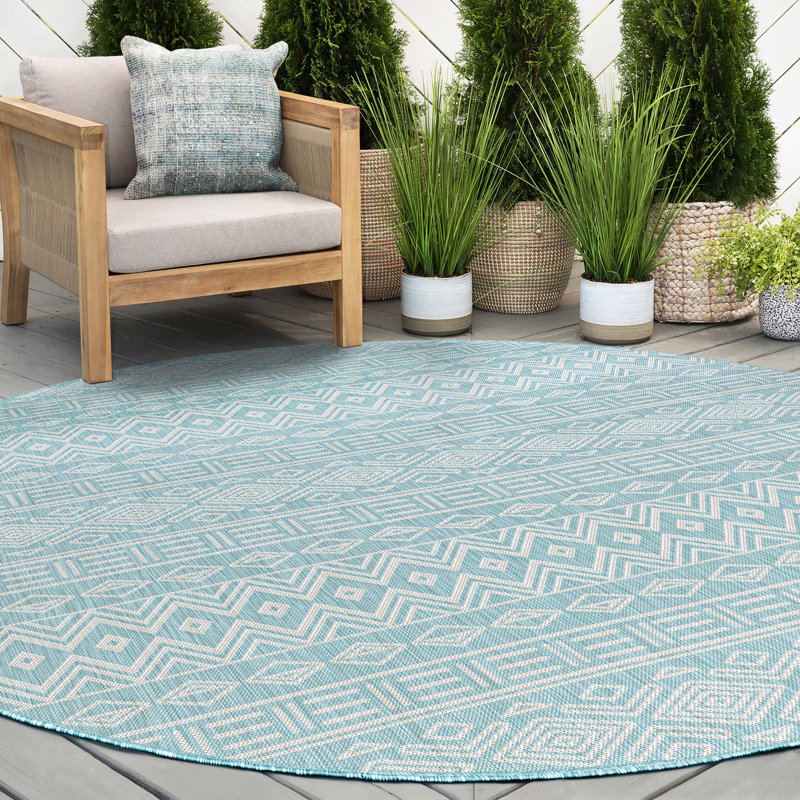 Tapis intérieur / extérieur turquoise Urbina, Rond 7 pi 11 po