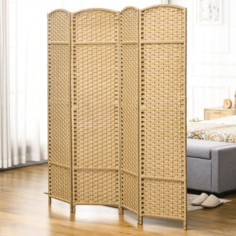 Paravent 4 panneaux d'une hauteur de 5,6 pi pour le bureau à domicile. Thème en bois naturel avec motif tissé à la main. Cloison polyvalente. Structure fabriquée et sangles en polypropylène. Léger et pliable. Aucun assemblage requis
