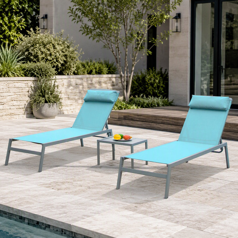 Ensemble de chaises longues réglables en aluminium avec tissu Textilene, idéal pour la détente en plein air et les bains de soleil