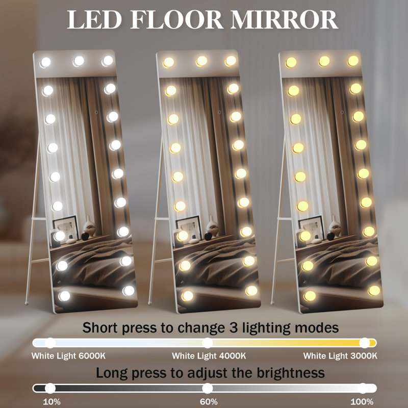 Miroir pleine grandeur Hollywood, 19 ampoules à intensité variable et commande tactile intelligente 3 couleurs, 58 po x 18 po
