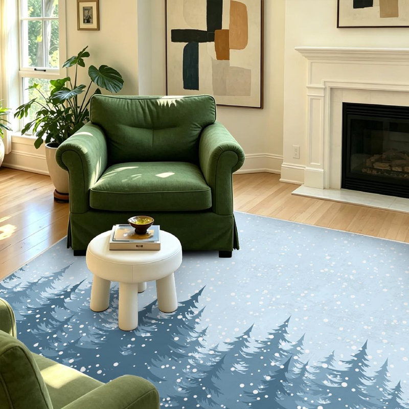 Tapis d'intérieur bleu lavable à la machine, motif sapins de Noël horizontaux, Rectangle 39 po x 63 po
