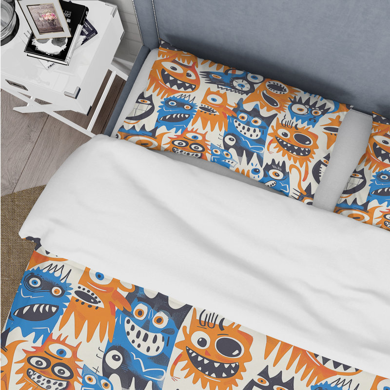 Ensemble de housse de couette orange et bleu pour enfants, Housse de couette très grand + 2 taies décorativ