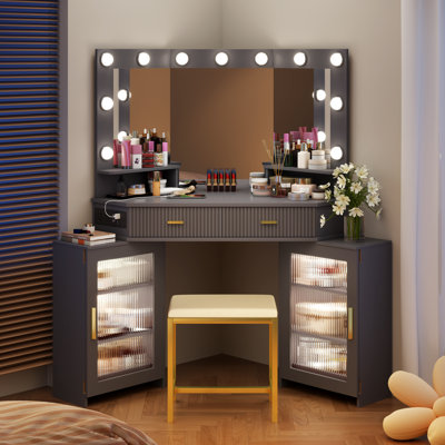 Panzarella Corner Makeup Vanity Set with Tri-Fold Lighted Mirror and Charging Station