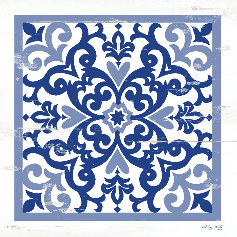 «Blue Tile» par Cindy Jacobs - impression, H 12 po x l 12 po, Papier avec cadre blanc simple photo avec passe-pa