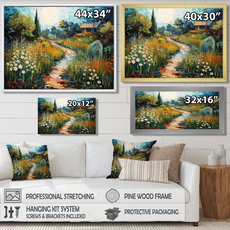 Maison de campagne à côté d'une rivière fleurie - art mural paysage, Toile avec cadre flottant noir