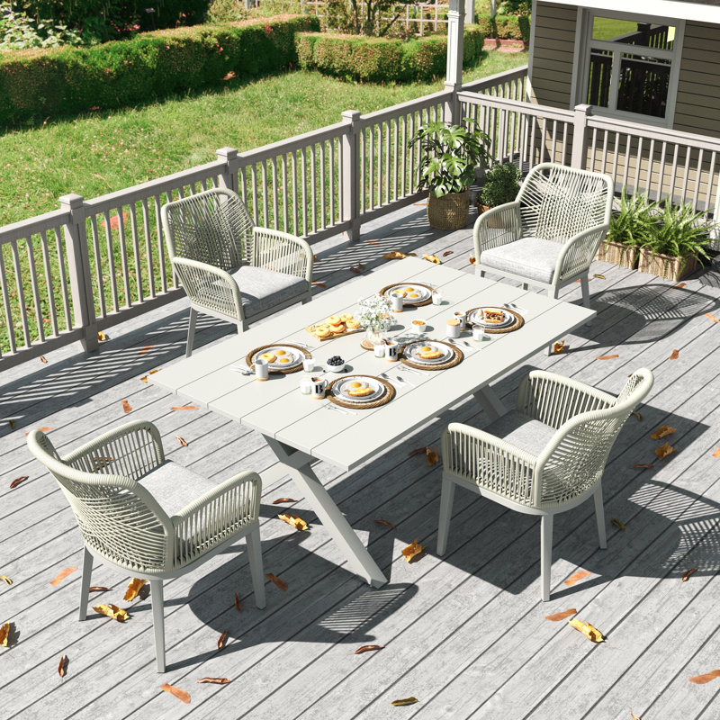 5 Pieces Outdoor Dining Set With Rectangular Dining Table And 4 Chairs, Light Gray Cushion/White Frame, 4