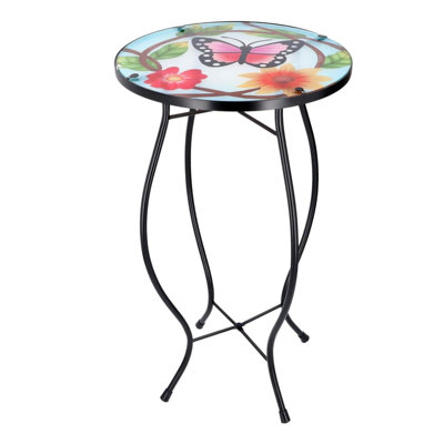 Mosaic Garden Table Weatherproof Glass & Iron, Small Round Outdoor Patio Coffee Versatile Bistro Side Table Plant Stand for Home & Gift, 30.5 cm, Garden Tables Only