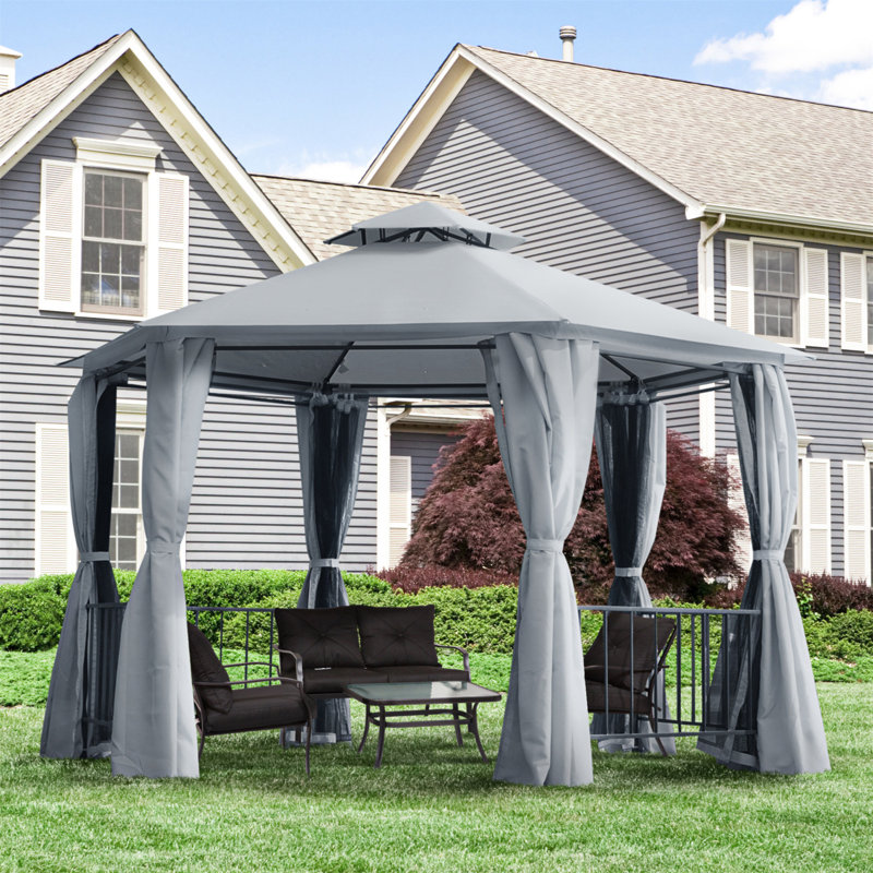 Patio Gazebo, Double Roof Hexagon Outdoor Gazebo Canopy Shelterwith Netting & Curtains, Solid Steel Frame For Garden, Lawn, Backyard And Deck