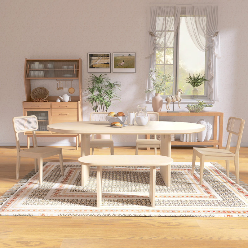 6-Piece Solid Wood Dining Table Set With Rattan-Back Chairs, Natural