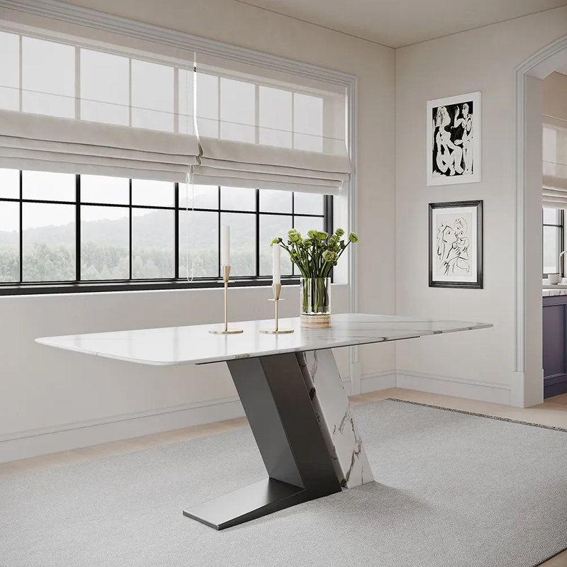 Modern White Rectangular Sintered Stone Dining Table with Z-shaped Pedestal Base, 29.53"H x 79"L x 39.37"W, Black