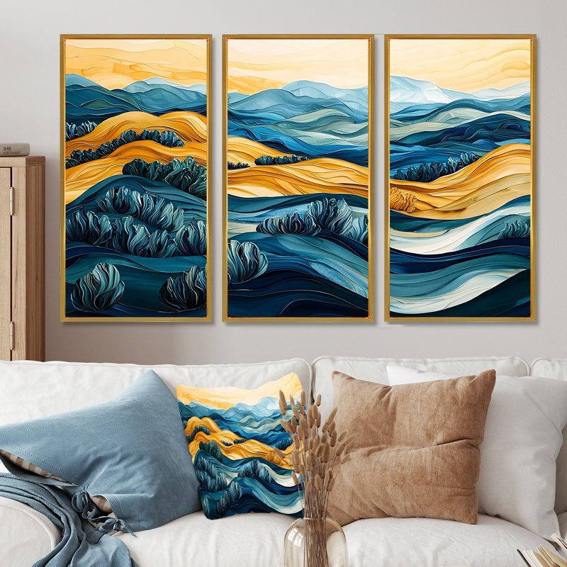Jaune méditerranéen, oliveraies, paysage III, ensemble d'art mural abstrait, Toile naturelle avec cadre flottant