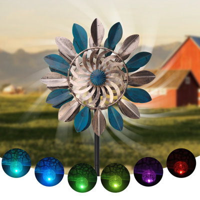 Solar Metal Wind Spinner Garden Stake Light, Blue Leaf Kinetic Wind Sculpture with LED Lighting for Yard Lawn Patio Outdoor Décor