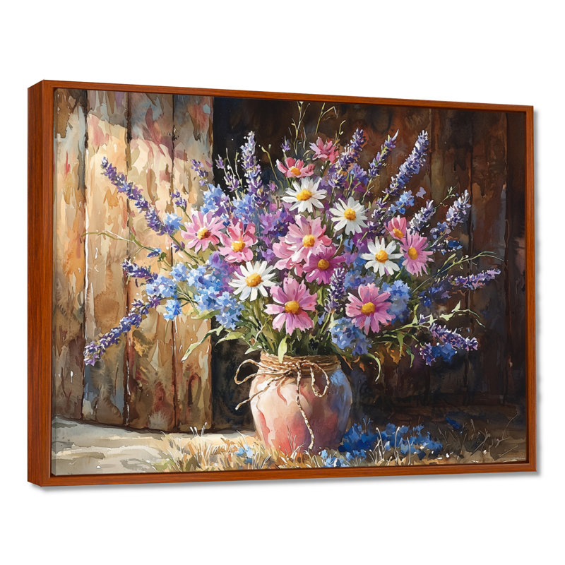 Art mural grand champ de fleurs de jardin II - Bouquets assortis, H 24 po x l 32 po, Cadre flottant, Brun
