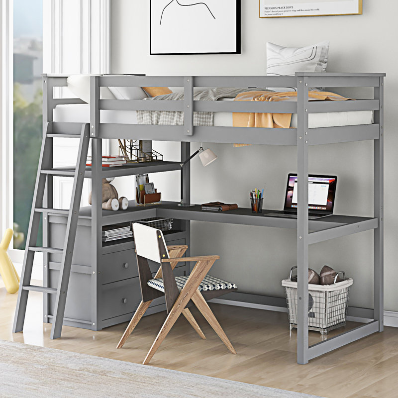 Lit mezzanine avec bureau et tablettes, Gris