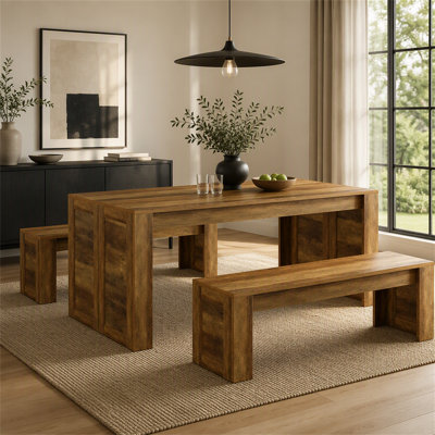 Ensemble de table de salle à manger 55 ", table de cuisine en bois pour 4 à 6 personnes avec 2 bancs