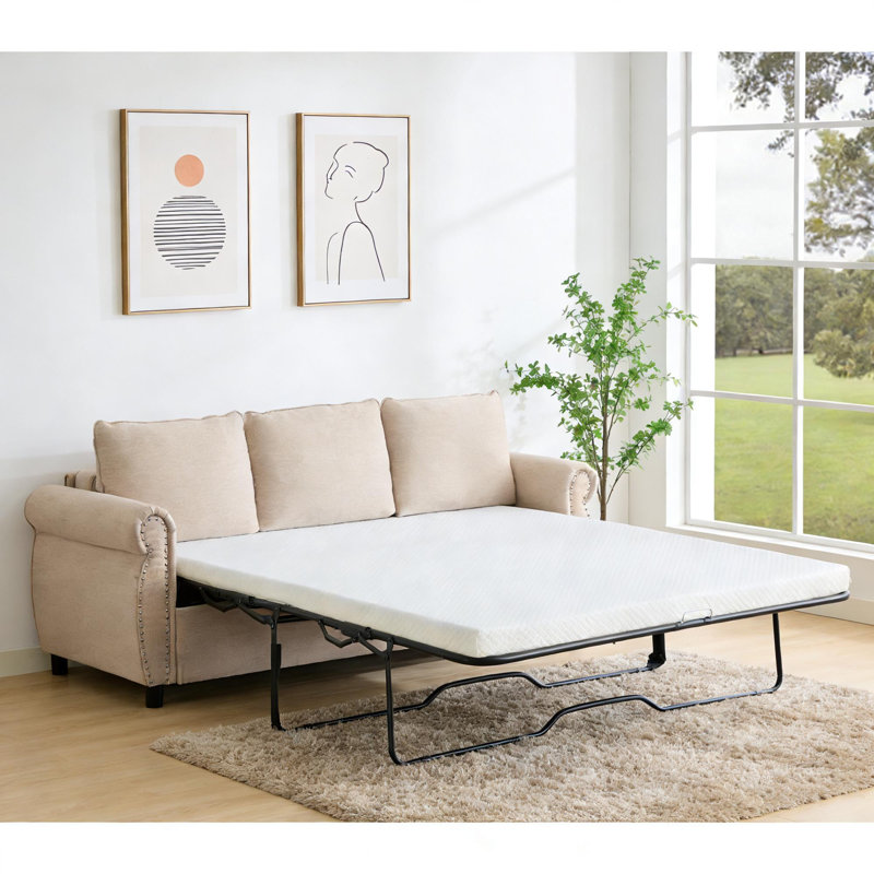81.5" 2-In-1 Queen Convertible Sleeper Sofa Bed, Pull-Out Couch With 3.35" Memory Foam Mattress, 3-Seater Sofa Bed, Beige