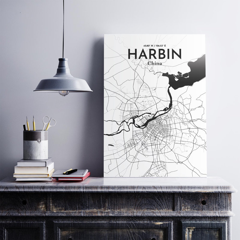 «Harbin City Map», impression, Noir / blanc, H 27,6 po x l 19,7 po