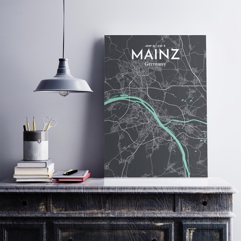 Mainz, carte de la ville, impression, H 27,6 po x l 19,7 po, Vert/gris